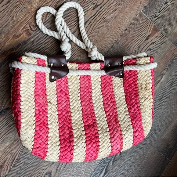 Red straw Cornhusk tote bag nautical stripes rope handles wood anchor - Picture 12 of 12
